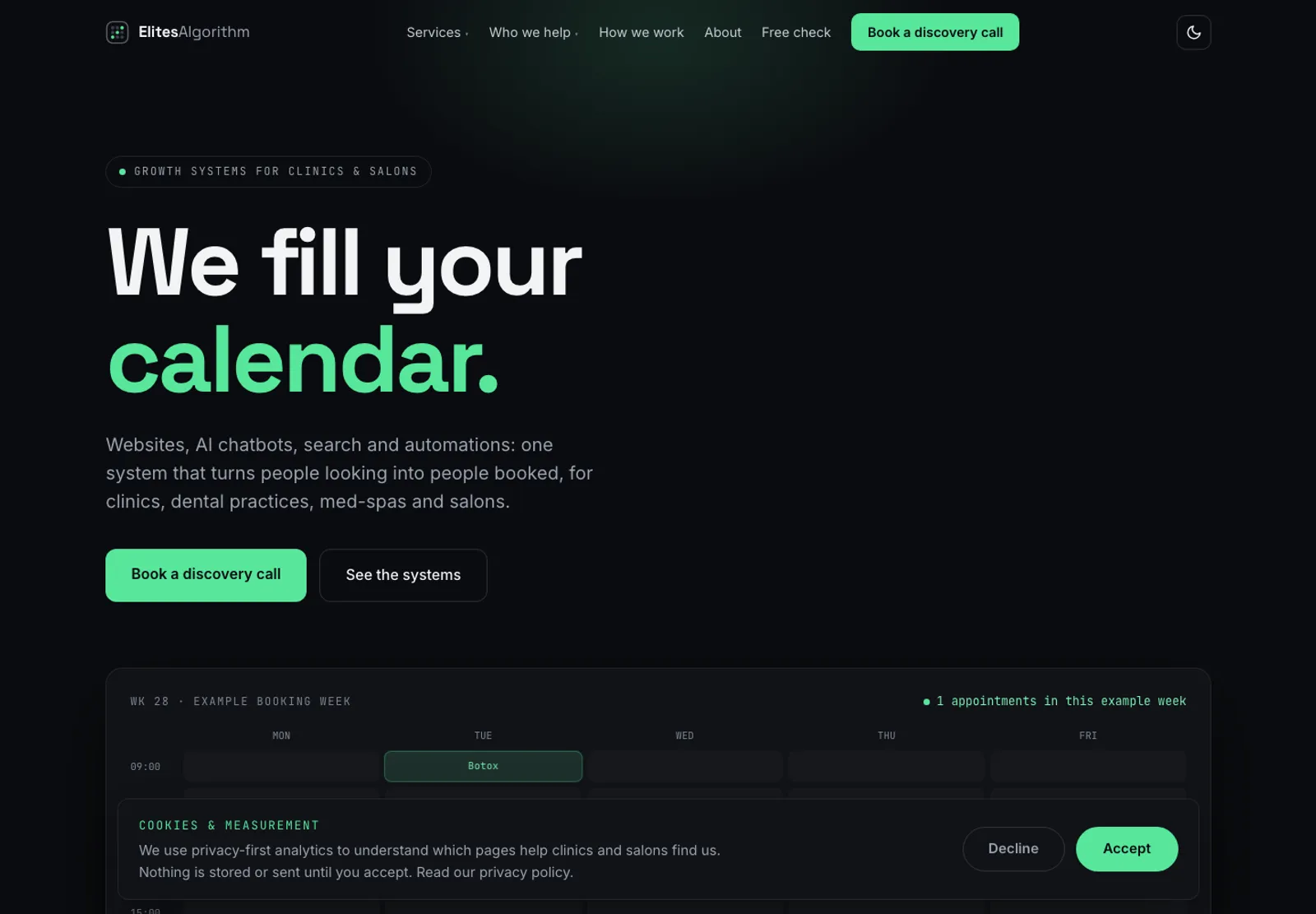 Elites Algorithm homepage, captured 16 September 2026