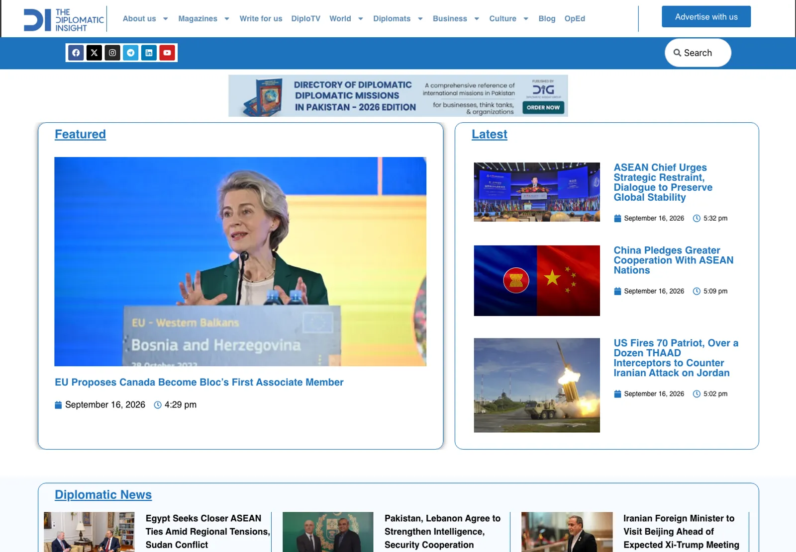 The Diplomatic Insight homepage, captured 16 September 2026